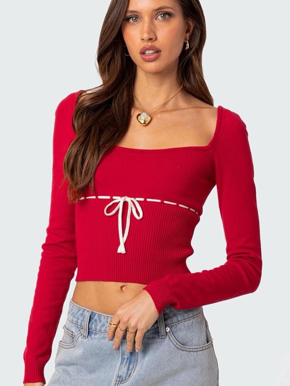 Edikted Red Square-Neck Ribbed Tie-Front Long-Sleeve Crop Top
